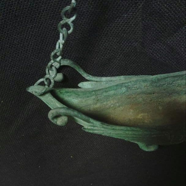 銅製 鳳凰 吊り花生 青銅製 吊り花器 舟形 時代物 カ10