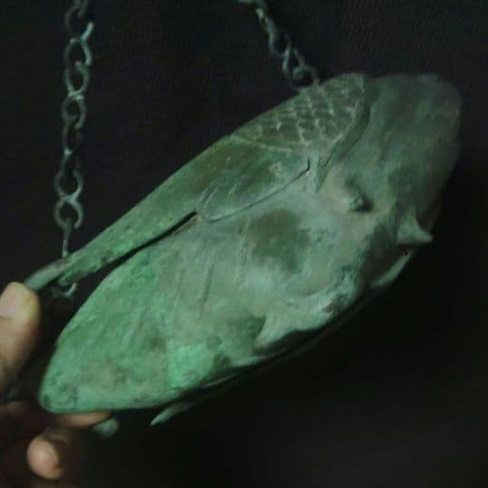 銅製 鳳凰 吊り花生 青銅製 吊り花器 舟形 時代物 カ10