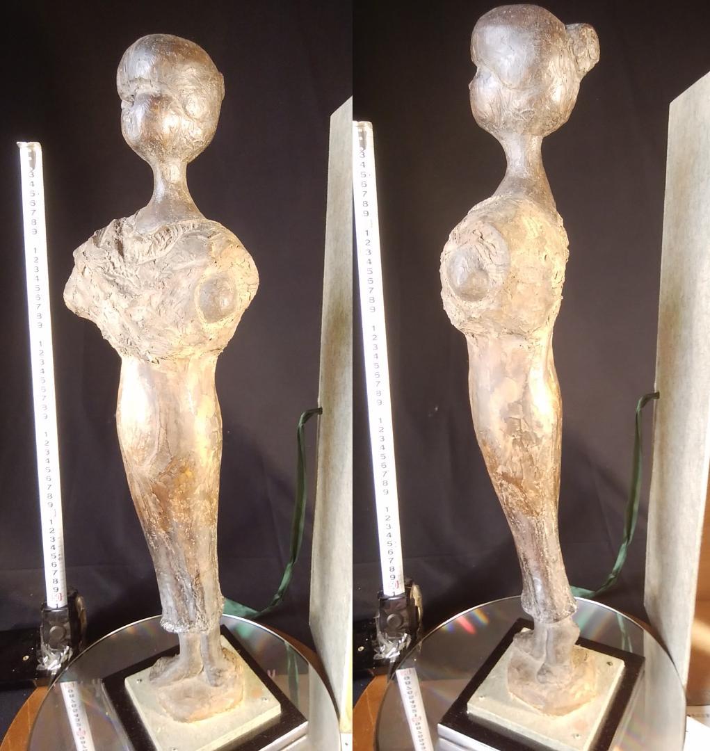 松本作【乾漆少女像】高５９cm◆木箱付き◆古代銅像様ブロンズ彫刻風裸婦ドール人形