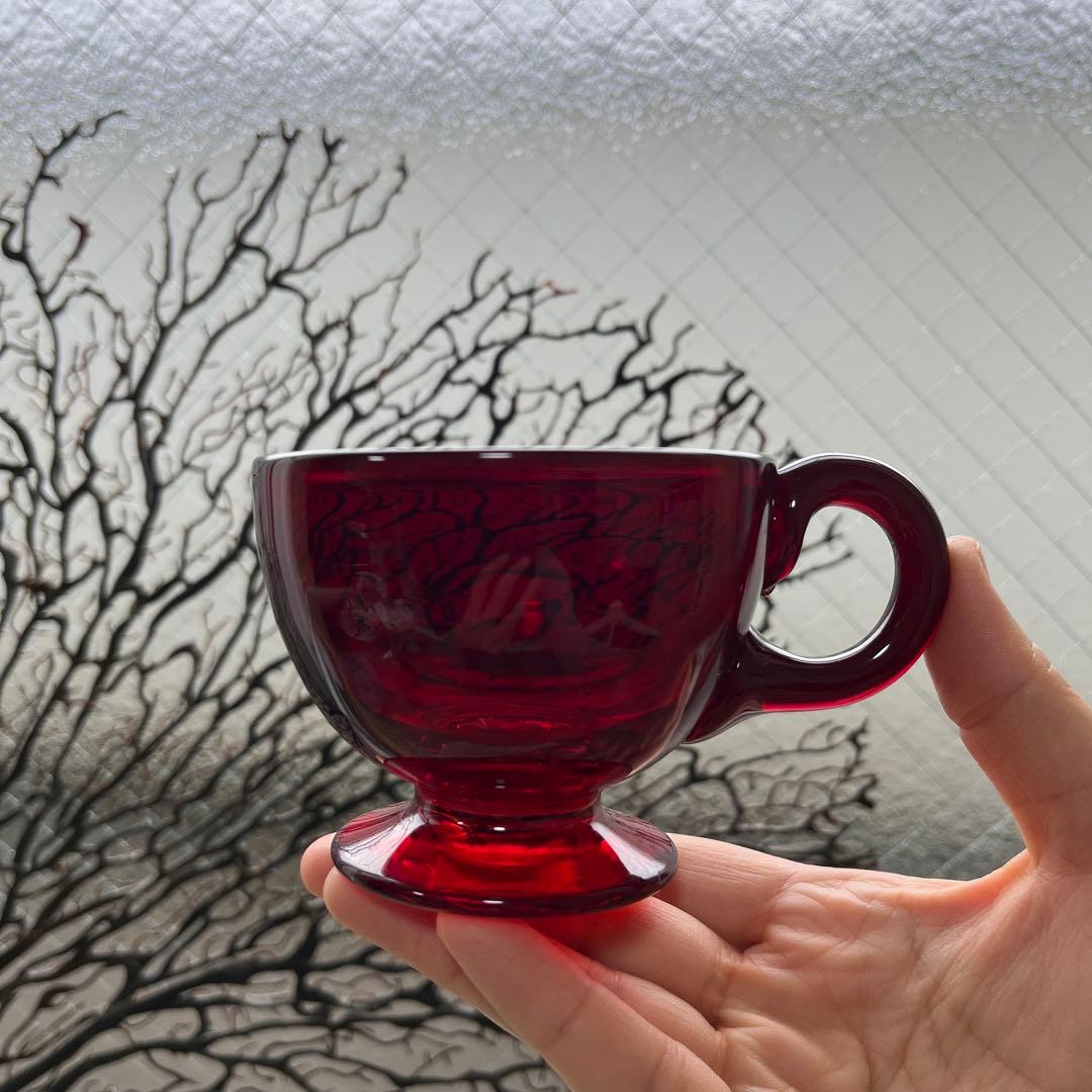 骨董 時代ガラス 希少緋色 朱赤 赤胴 取手付き アイスクリームコップ