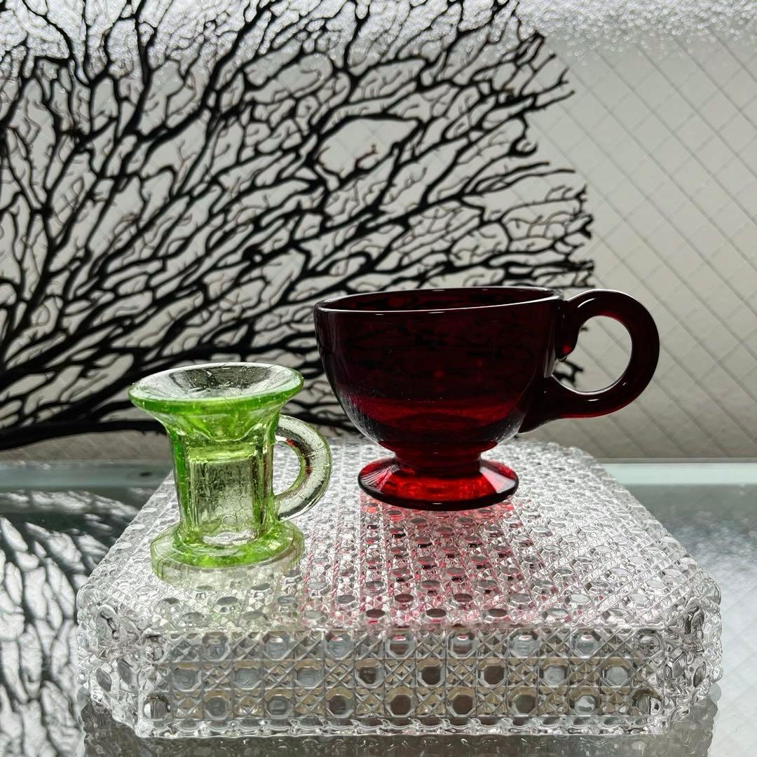 骨董 時代ガラス 希少緋色 朱赤 赤胴 取手付き アイスクリームコップ