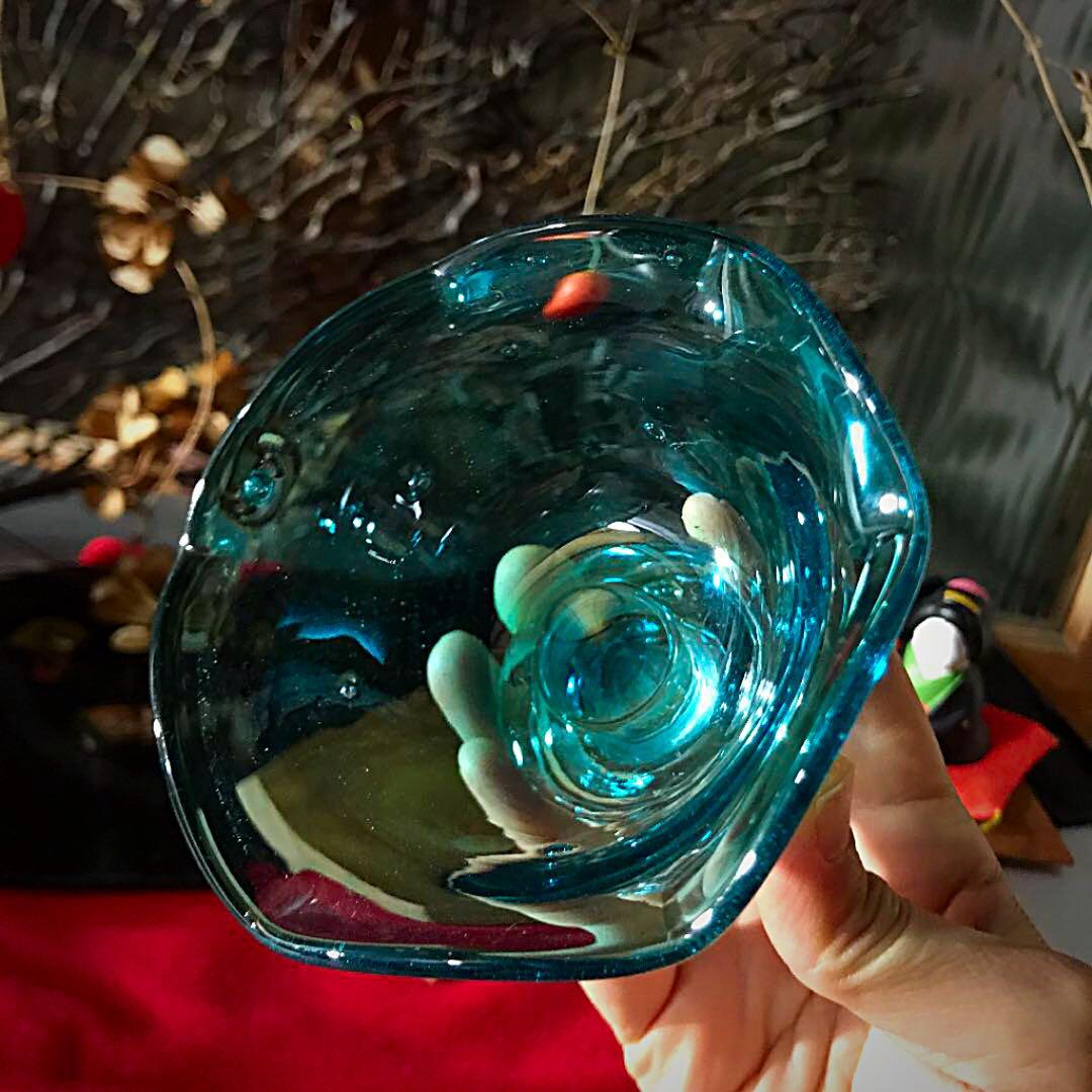 販売 骨董 時代ガラス 吹きガラス 希少 気泡遊び 水色花型フリル 氷