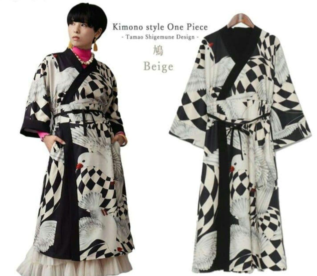 重宗玉緒 コラボ ワンピース 着物 鳩 冬 和装 和服 カジュアル 現代