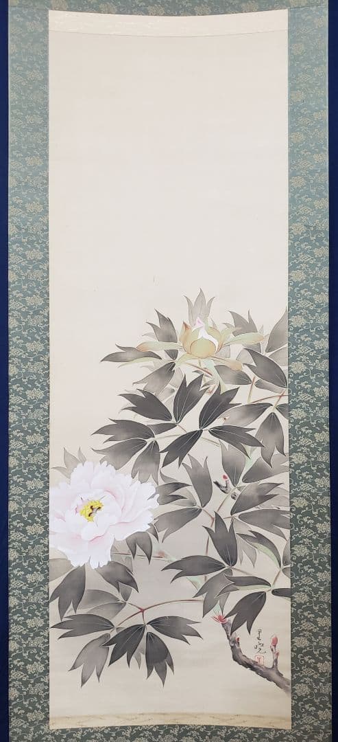【牡丹図】里暁 2596 ボタン 共箱　掛け軸　肉筆