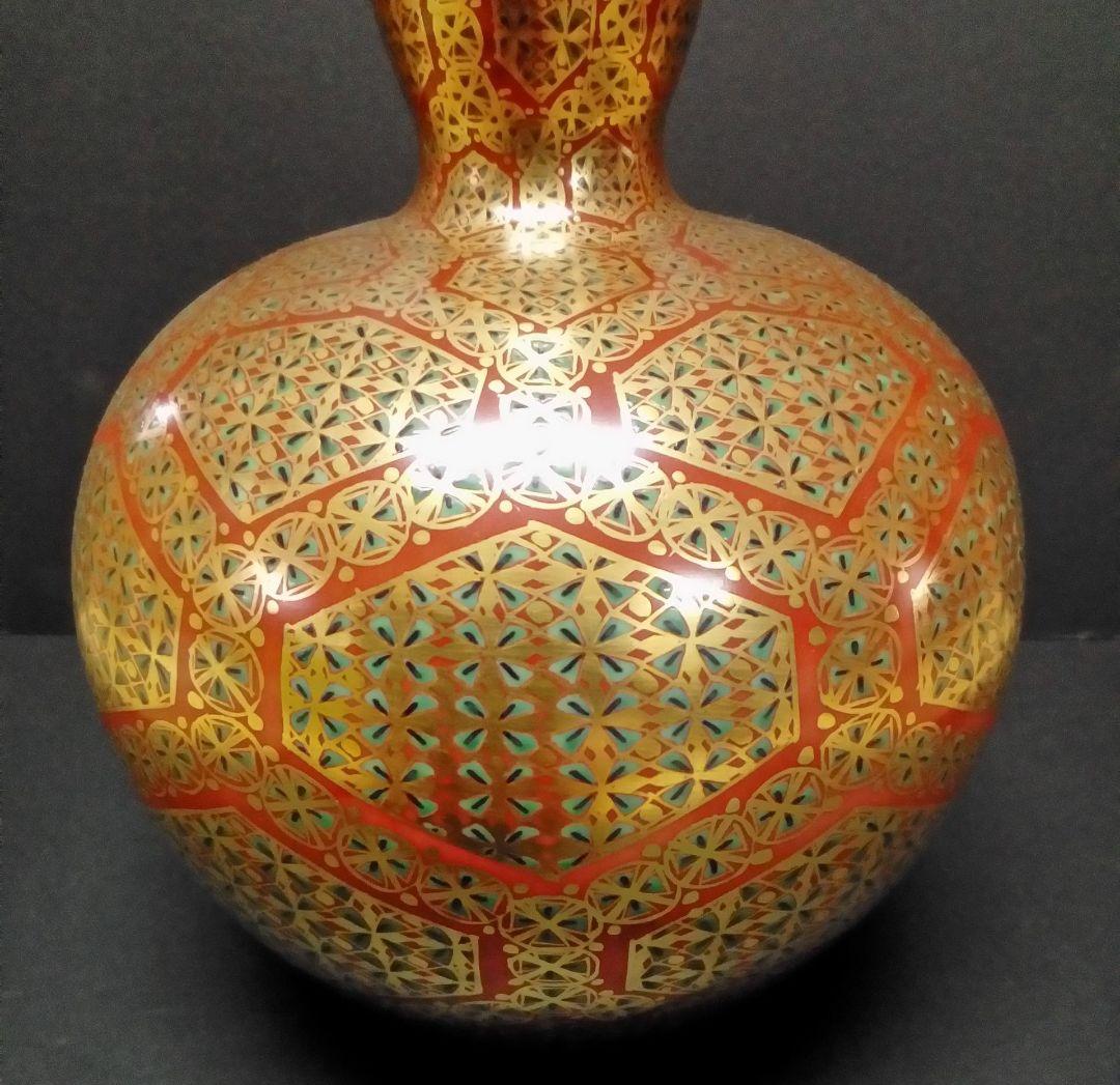 九谷焼 山本重義作 10号飾瓶「金襴小紋」共箱入り