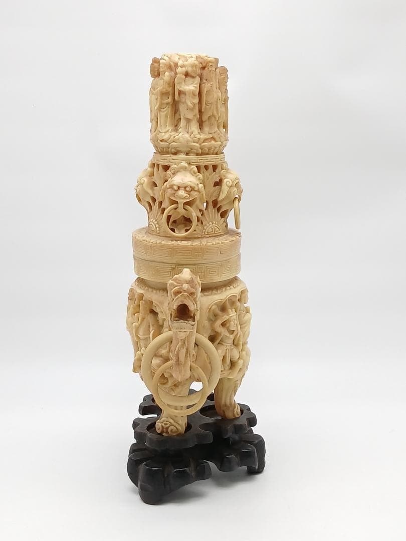 香炉 中国美術工芸 三つ足 獅子 龍 台付き