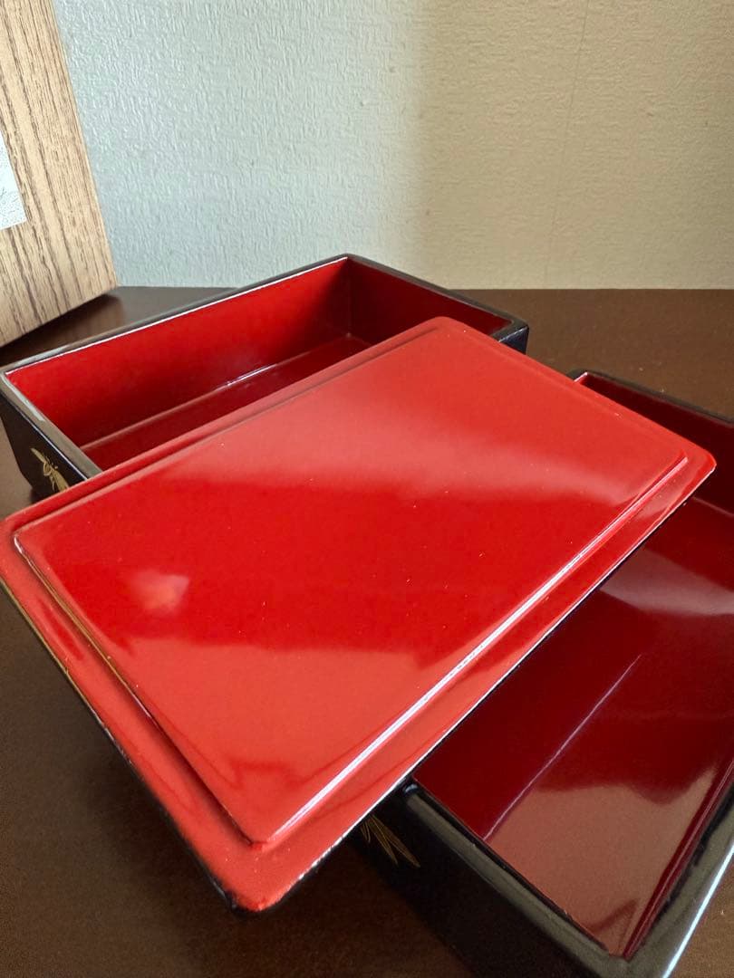 秋田 川連漆器 二段弁当箱 漆塗 沈金 天然木 木製 未使用品