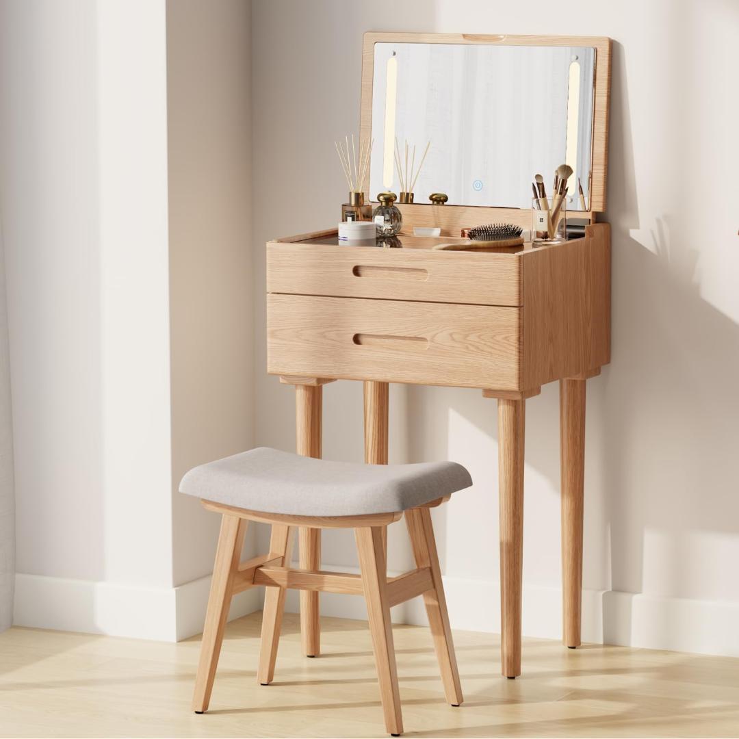 新品】ドレッサー 木製コンパクト LEDライト 鏡台 天然 幅50cm