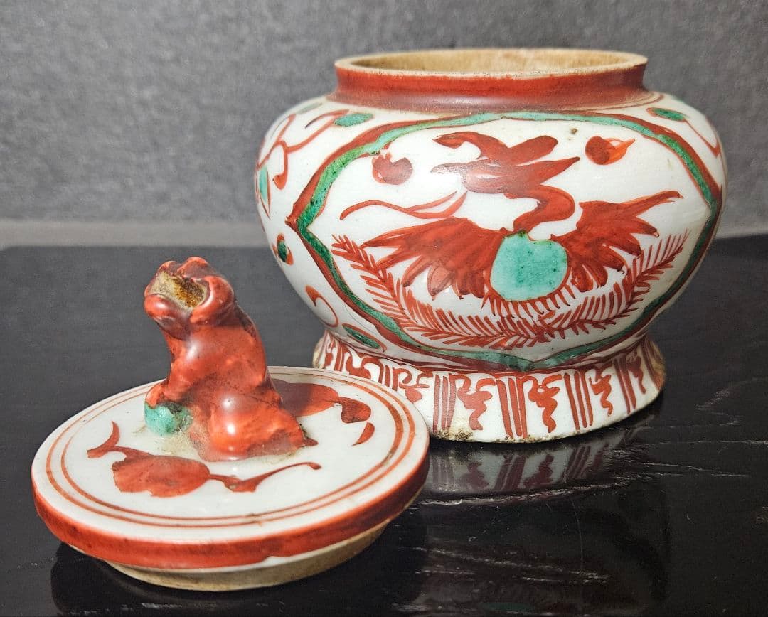 【本物保証❗】中国古陶磁　明朝明代　古赤絵　天啓赤絵　獅子摘　花に鳳凰の図　香炉