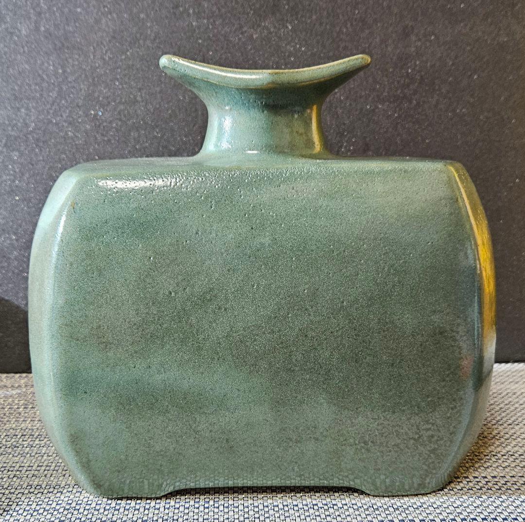 益子民藝 益子焼 名工 明石庄作 造 緑釉 扁壺 大作 師】人間国宝