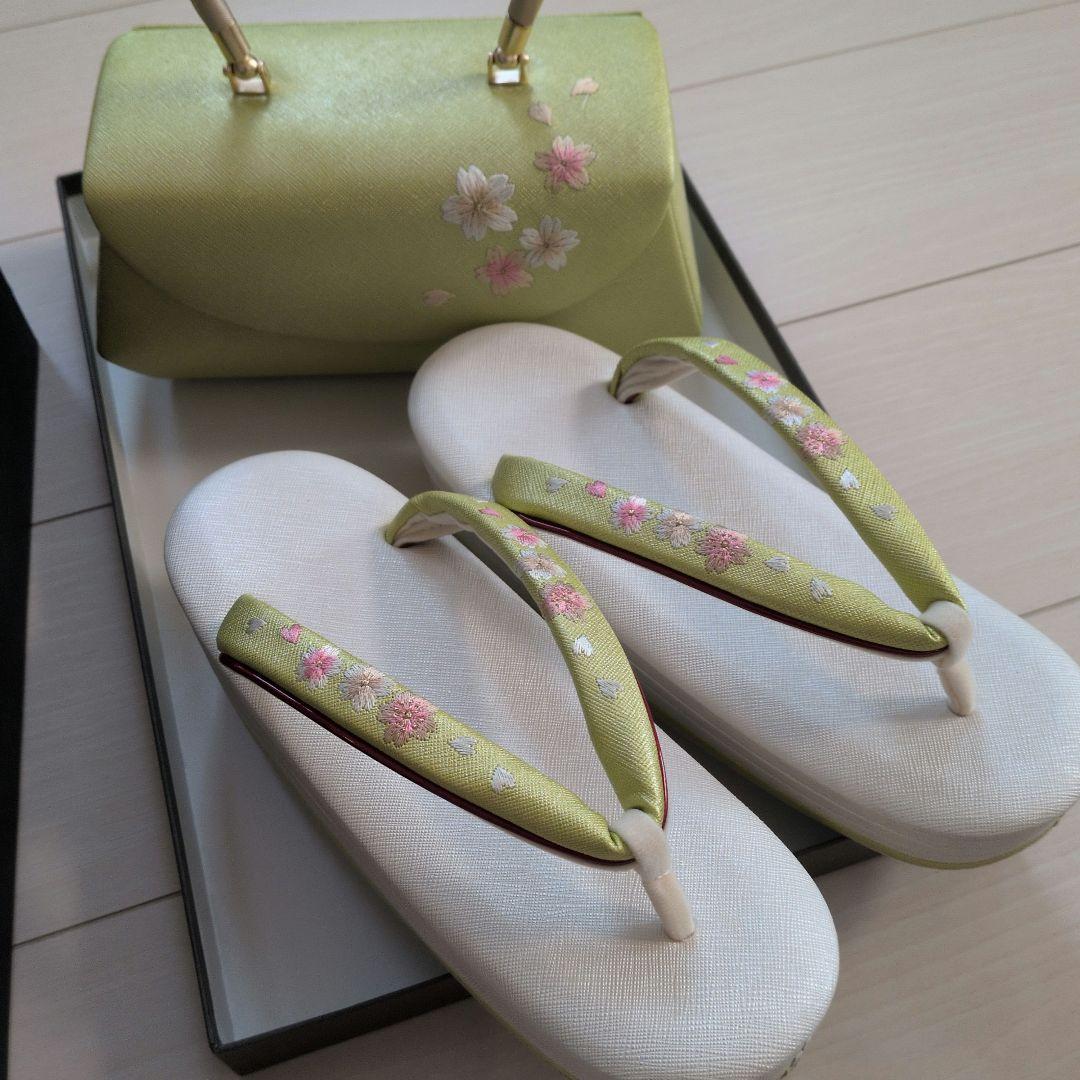 成人式用 草履 バッグセット 桜 若草　25cm
