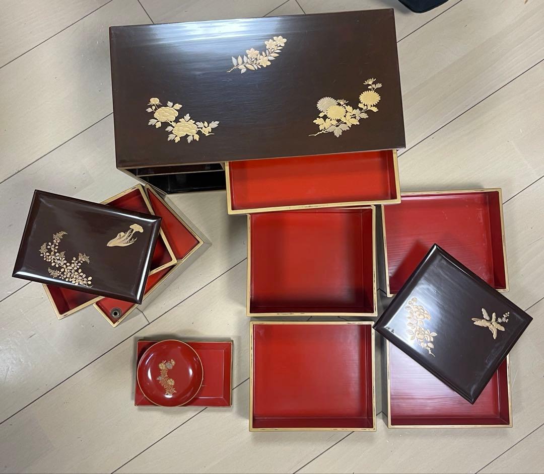 茶道具】蒔絵野弁当 野点 弁当箱 花見重 年代物 漆器 金蒔絵 重箱