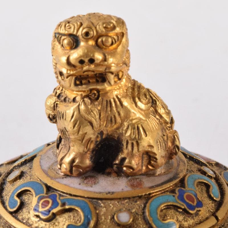 中国　古七宝琺瑯彩　獅子摘　花草文瓶　蓋壷　唐木台付　一對　V　7451