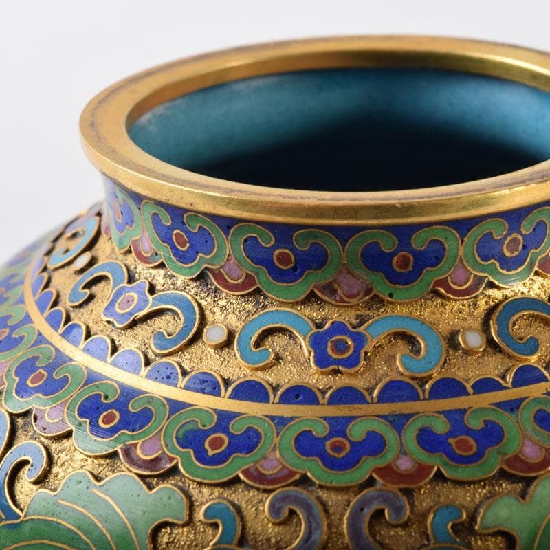 中国　古七宝琺瑯彩　獅子摘　花草文瓶　蓋壷　唐木台付　一對　V　7451