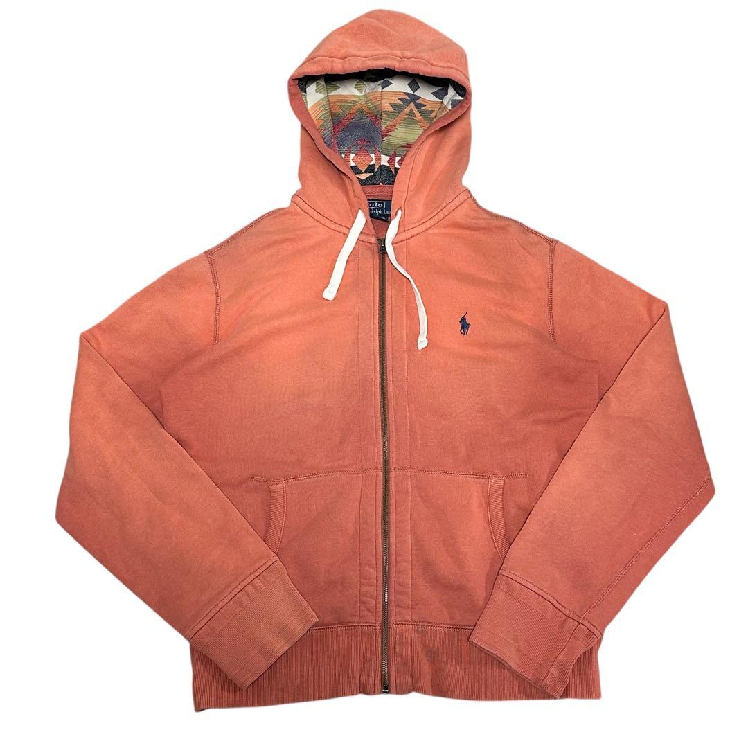 90s ポロ ラルフローレン ネイティブ柄 ジップパーカー サーモンピンク