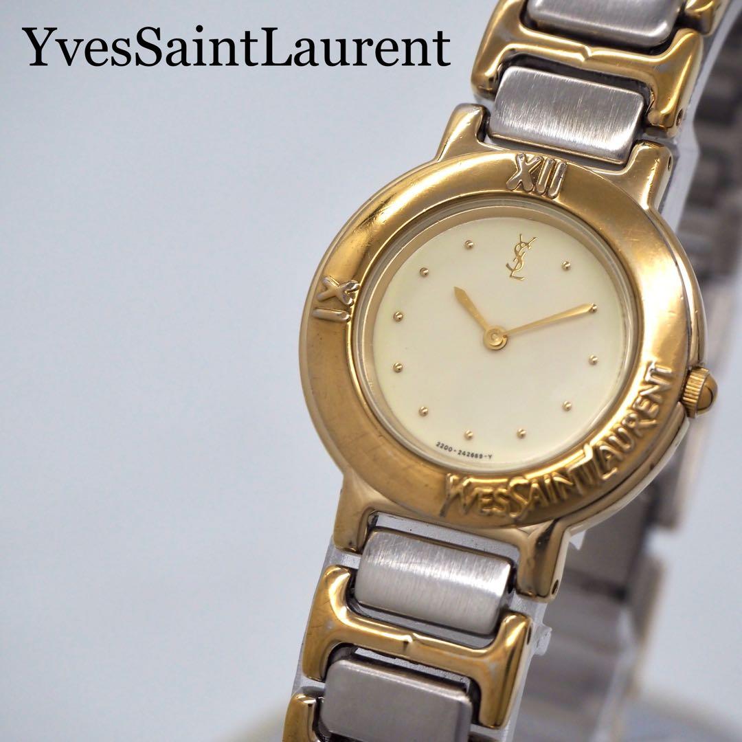 62 稼働 イヴサンローラン 時計 レディース コンビ ラウンド ゴールド