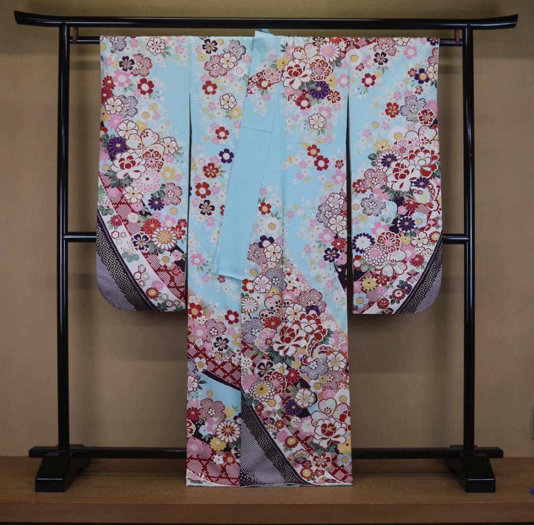 ブルー振袖（正絹）・六通袋帯（正絹）・長襦袢（合繊）三点セット