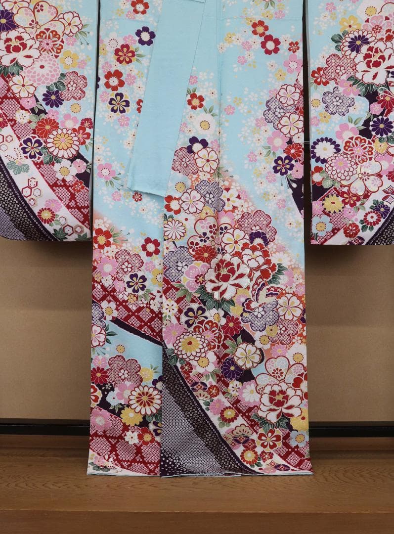 ブルー振袖（正絹）・六通袋帯（正絹）・長襦袢（合繊）三点セット