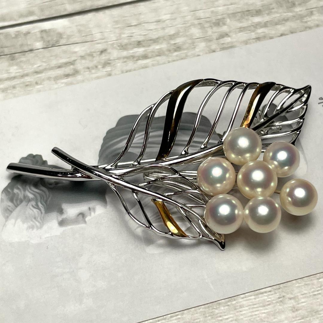 K18 シルバー パール ブローチ ピンバッチ 葉っぱ leaf K18 本真珠