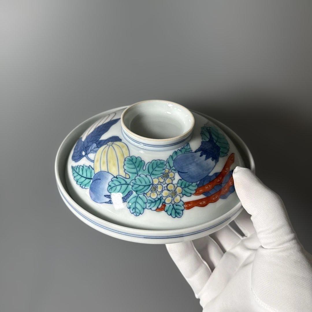 人間国宝 十三代 今泉今右衛門 錦 野菜絵蓋物 五客 共