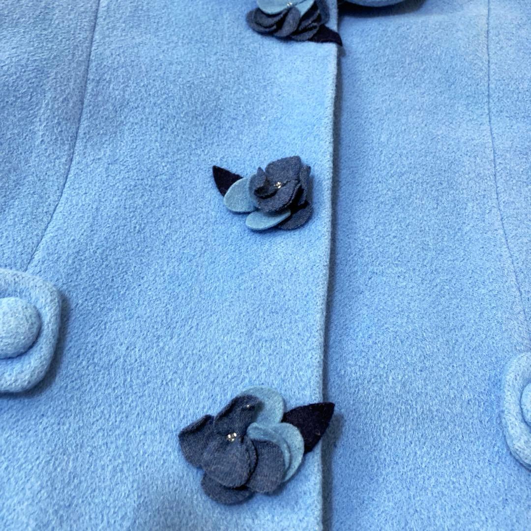 美品♡ ファミリア ロングコート お花 女の子 水色 アンゴラ混 ウール