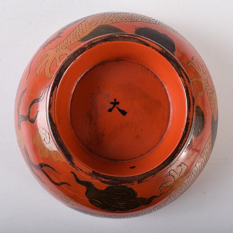 古民具　根来塗　雲龍文彫　椀　時代箱付　V　R8441