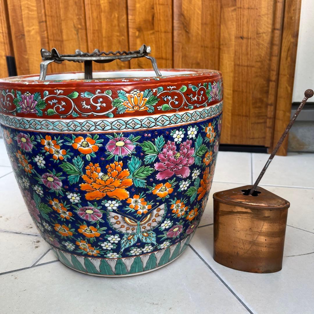 十錦手火鉢、鉢カバー 特大 色絵 伊万里 十錦 手あぶり火鉢 鉢カバー