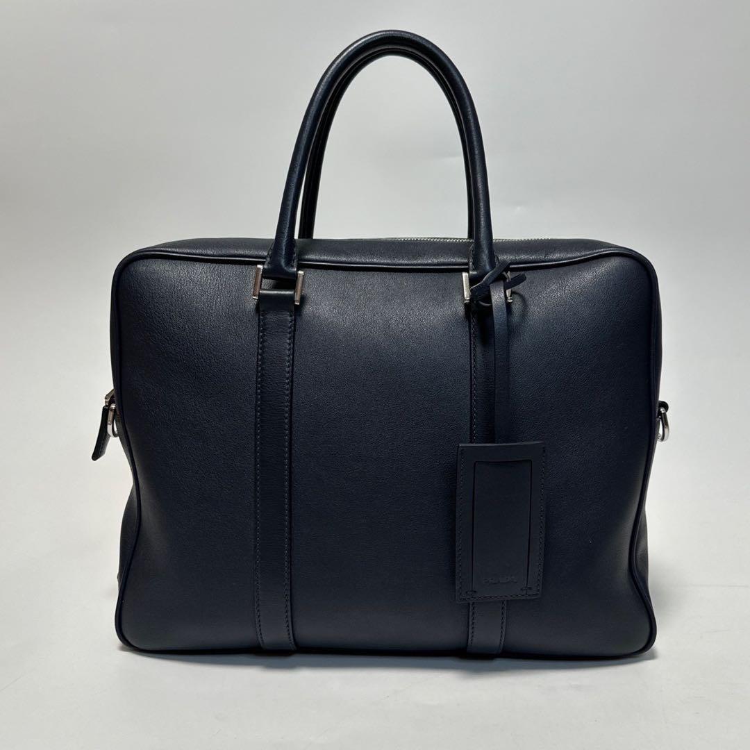 u09【極美品】プラダ　三角ロゴ　レザー　ネイビー　2way ビジネスバッグ.