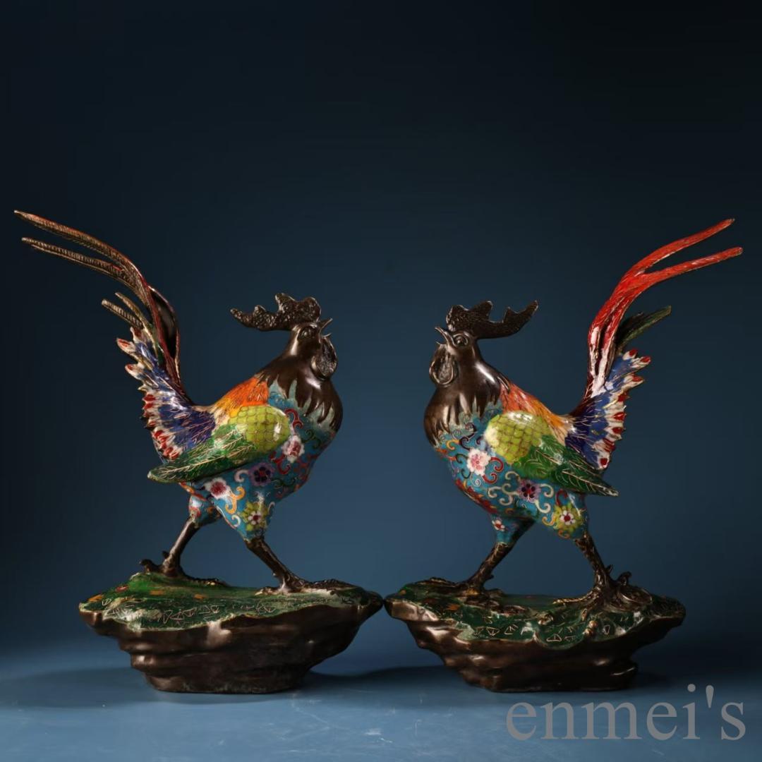 中国古美術 旧蔵 七宝焼き 琺瑯 景泰藍 公鶏一対 純銅 高浮彫鏨