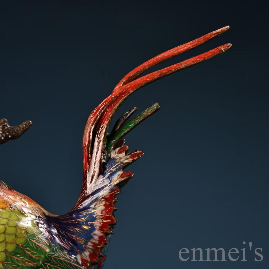 中国古美術 旧蔵 七宝焼き 琺瑯 景泰藍 公鶏一対 純銅 高浮彫鏨