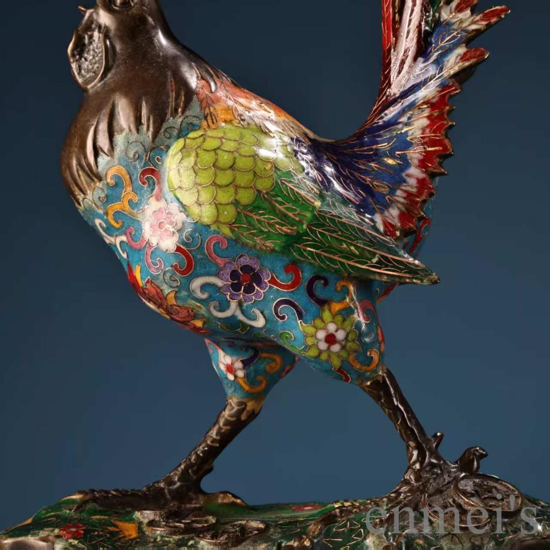 中国古美術 旧蔵 七宝焼き 琺瑯 景泰藍 公鶏一対 純銅 高浮彫鏨