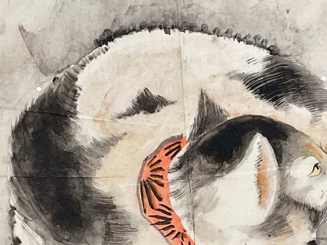 虹外筆 猫と蝶 ネコ 日本画 額入り