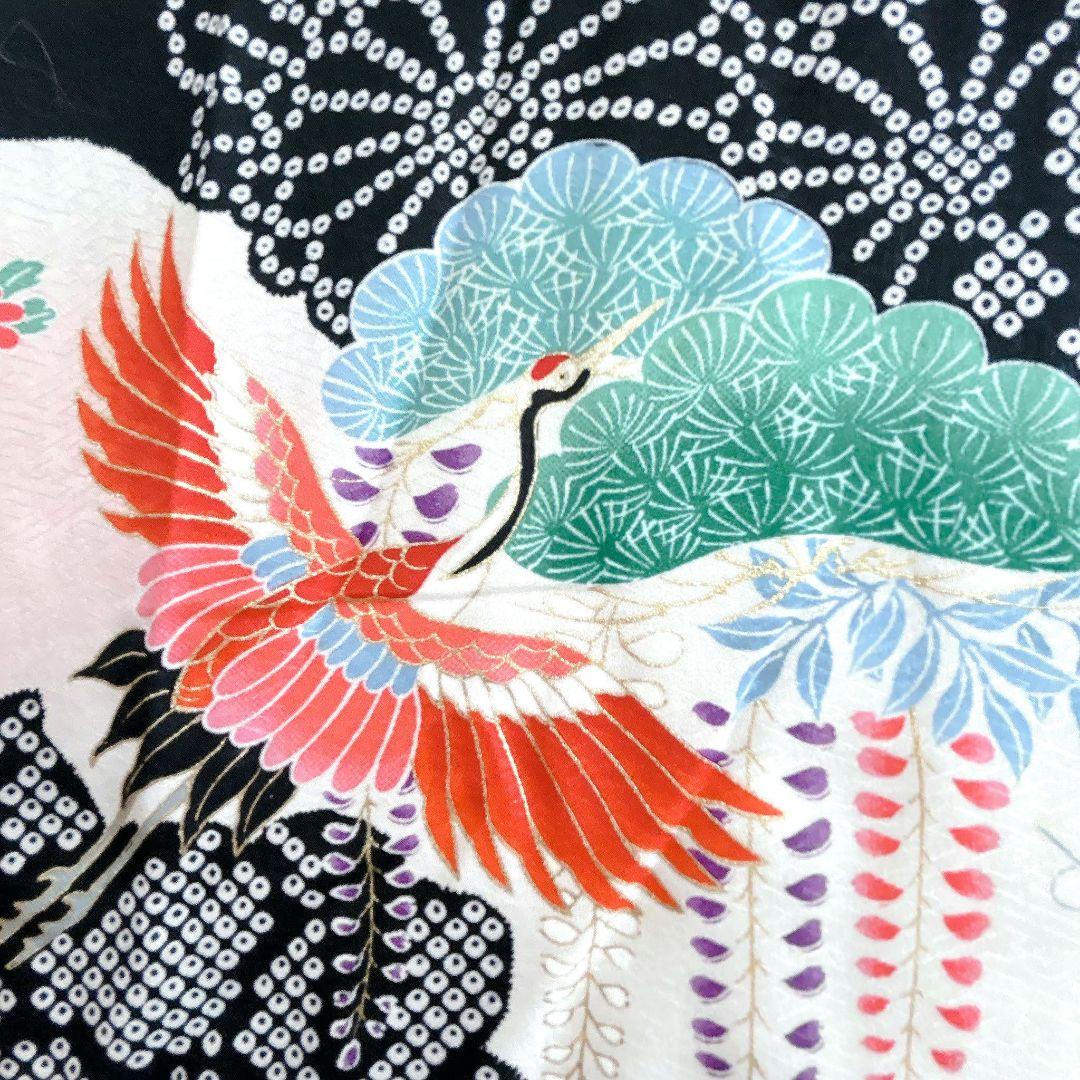 セット　七五三 ７歳女の子 長着＆袖なし長襦袢＆帯＆小物　黒×赤　金糸花御所車鶴