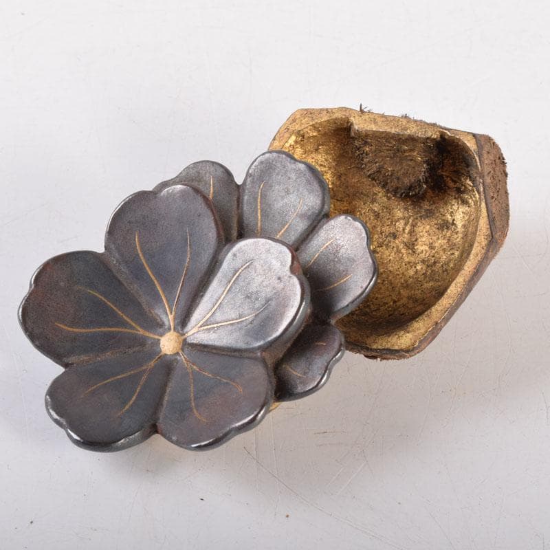 茶道具　木彫　桜　内金溜　香合　時代箱　V　8355