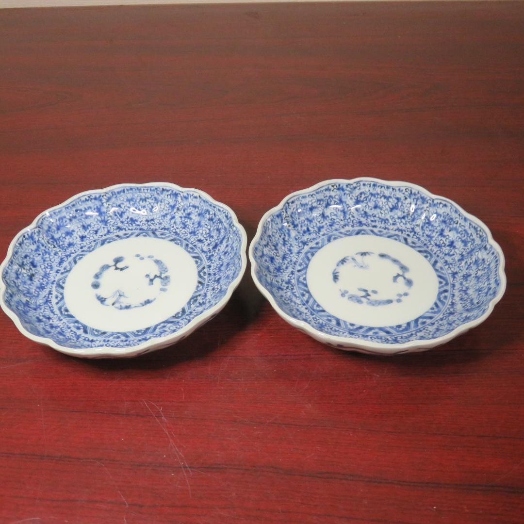 皿 2枚 なます皿 微塵唐草 染付 松竹梅 冨貴長春 窯傷 江戸 f7cd96cf18bdbefb25fad4dec96656