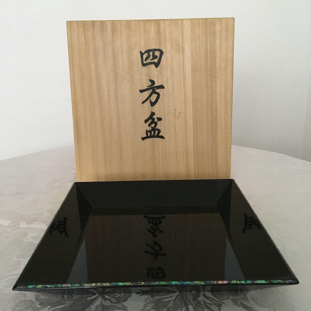 螺鈿四方盆　茶道具　木製　漆塗　菓子盆　正月盆