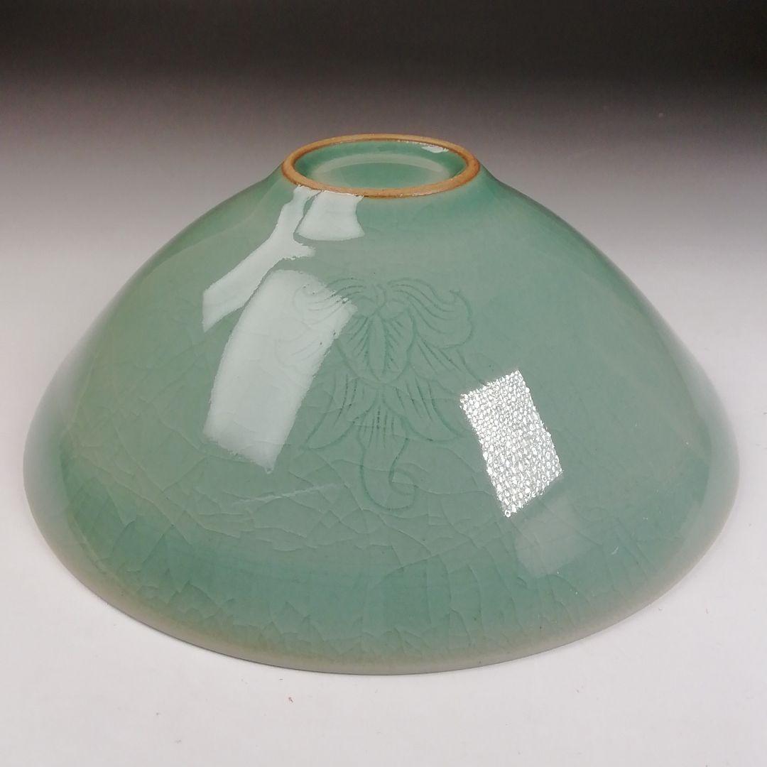 T977 茶碗 『高麗青磁茶碗』『青珍 梁命煥 作』 共箱 抹茶碗 茶道具