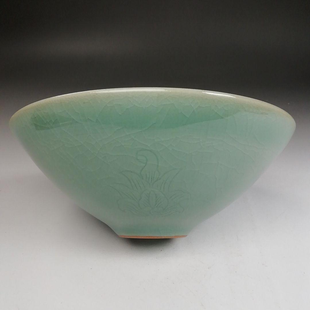 T977 茶碗 『高麗青磁茶碗』『青珍 梁命煥 作』 共箱 抹茶碗 茶道具