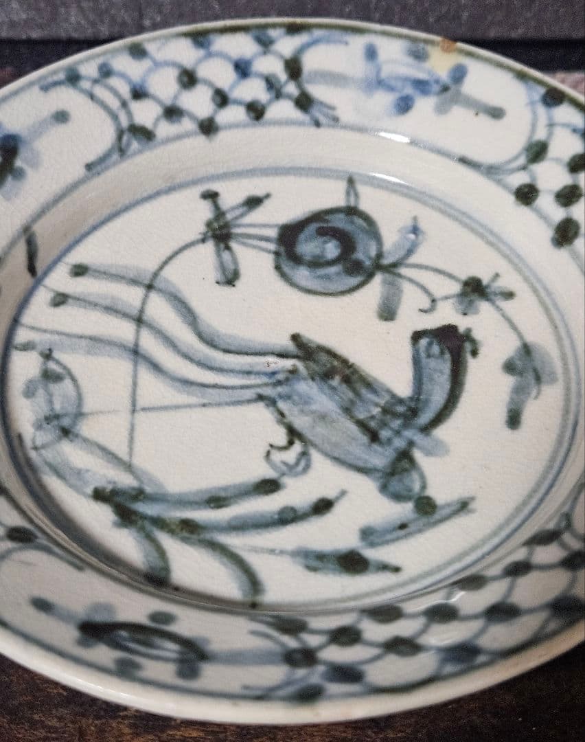 中国古美術　中国古陶磁器　南方系　 明代末期～清代初期　古染付　呉須皿　鳥の図皿
