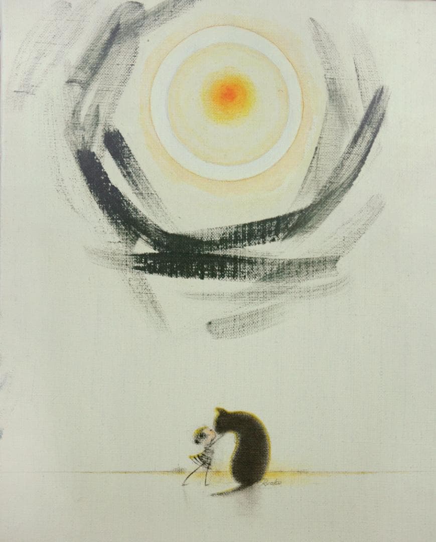 油絵 菅家令子 絵 絵画インテリア額付(黒) F3-092018 子犬猫と女の子