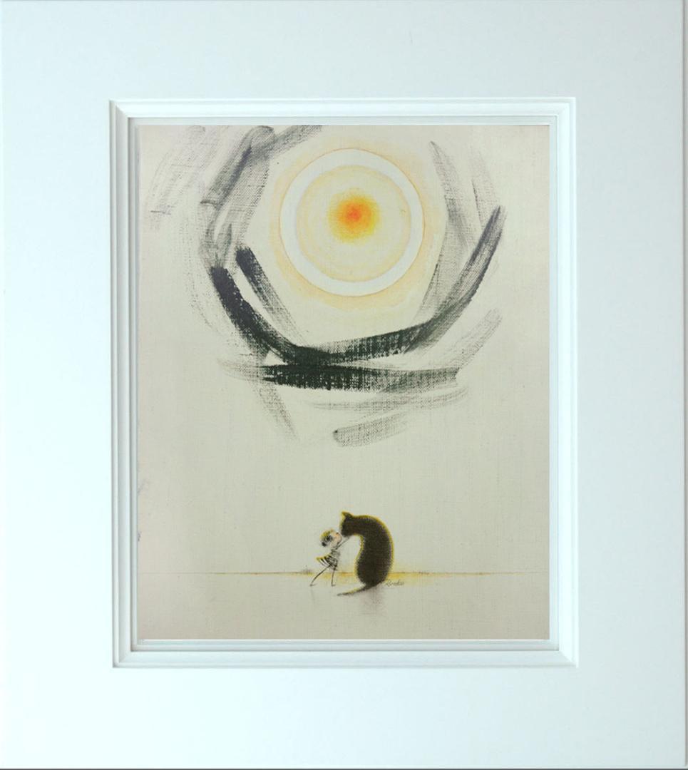 油絵 菅家令子 絵 絵画インテリア額付(黒) F3-092018 子犬猫と女の子