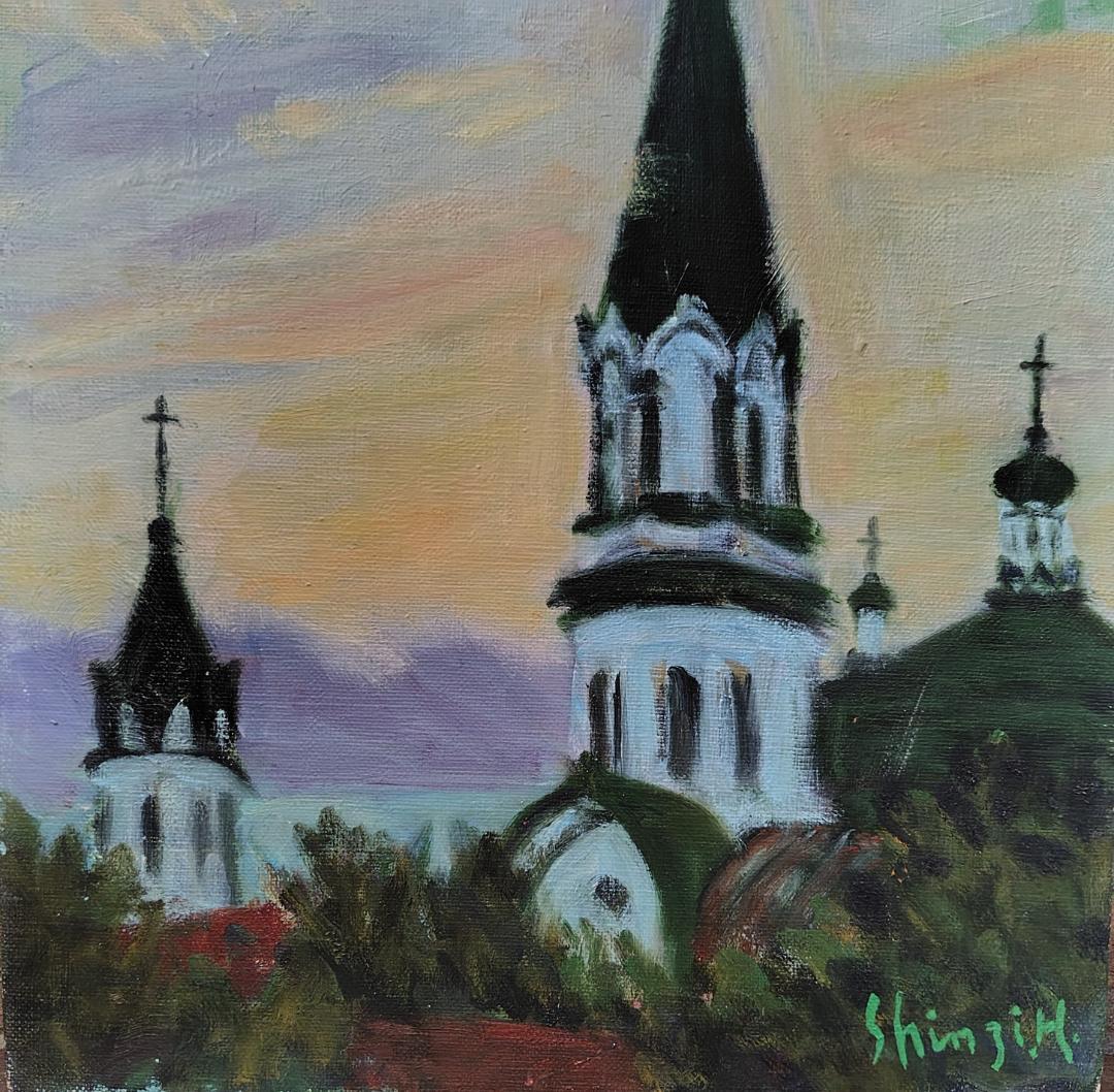 油彩画「塔 」函館 ハリストス正教会 F4 油絵 風景画 アート 絵画
