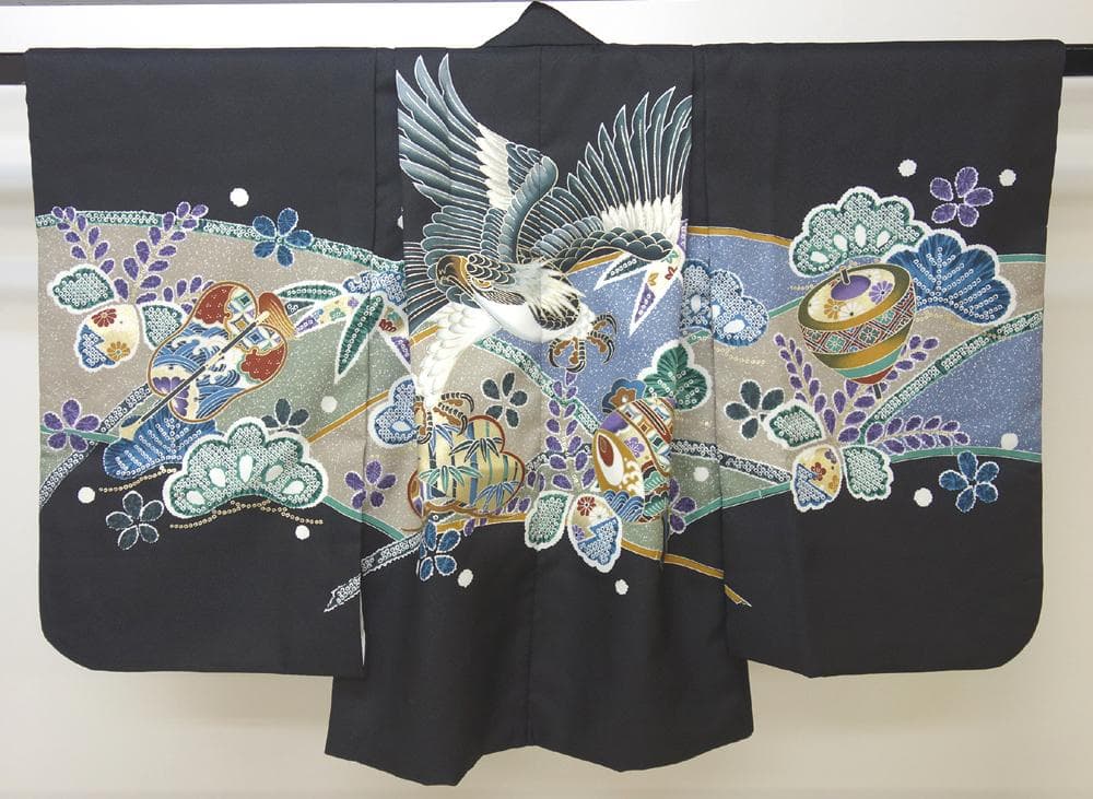 中古美品 七五三 五歳 男の子 9点セット 小物付き 黒■N71022-8