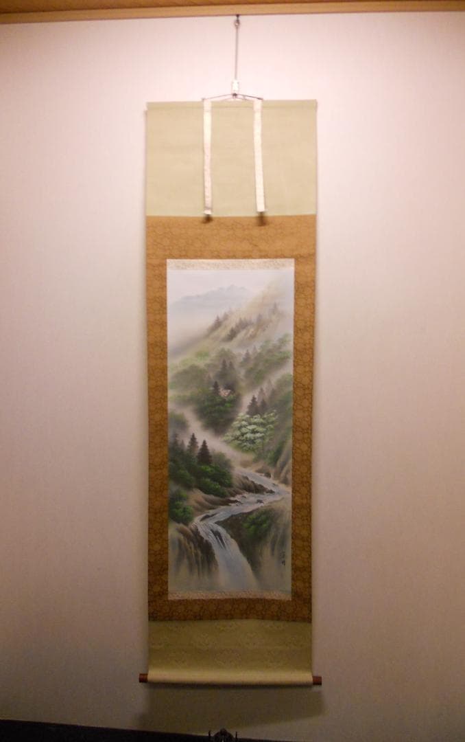 掛け軸 花峰 彩色山水 絹本 希少 軸装 茶道具 掛軸 美品 です。 - メルカリ