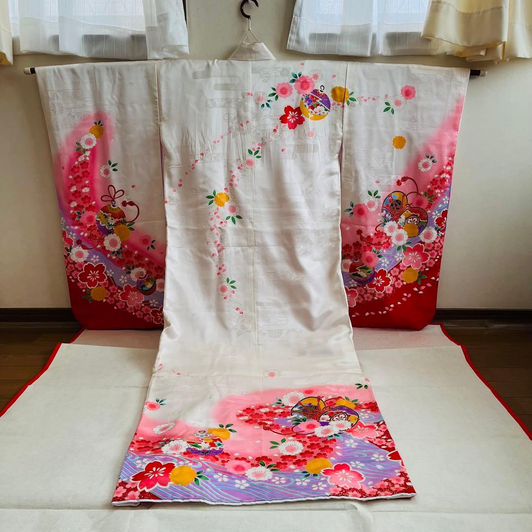 七五三　7歳　四つ身着物正絹　結び帯　草履バッグ　はこせこセット　帯揚げ　しごき