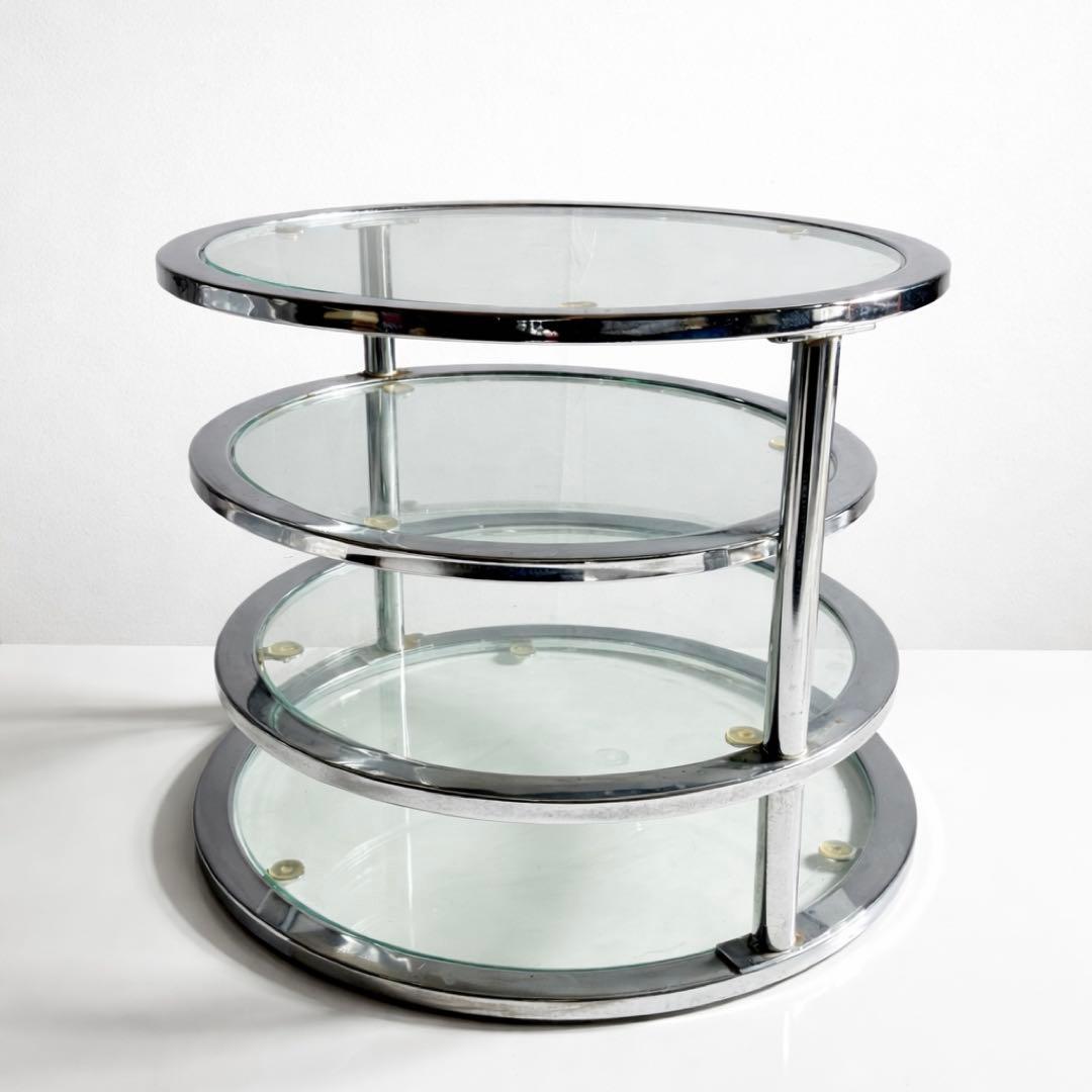ミッドセンチュリー 4段 ガラスラウンドテーブル 可変式 レトロモダン