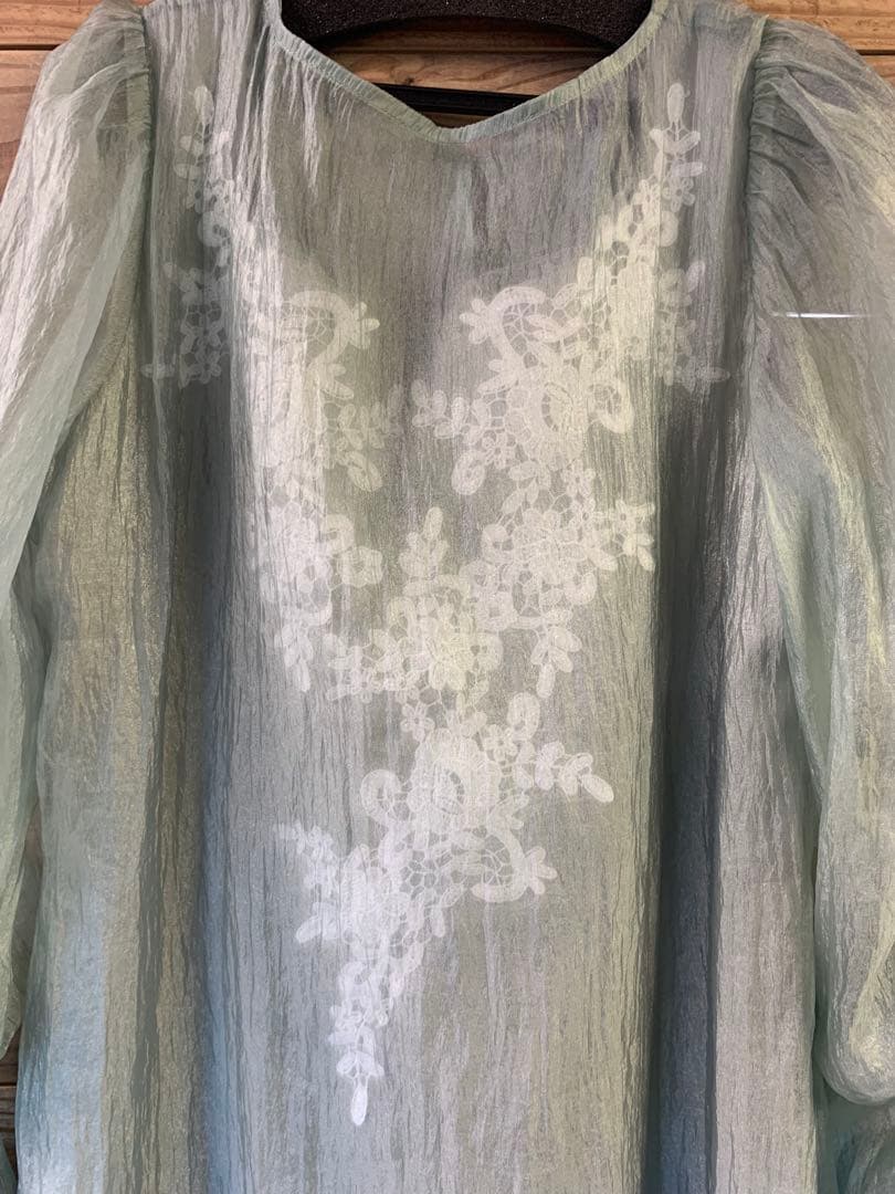 薄い緑色の花柄刺繍ドレス