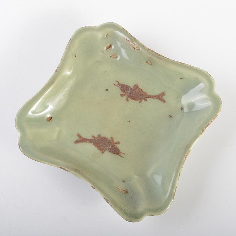 中国 天龍寺青磁 魚文 菓子鉢 時代箱 F R7016