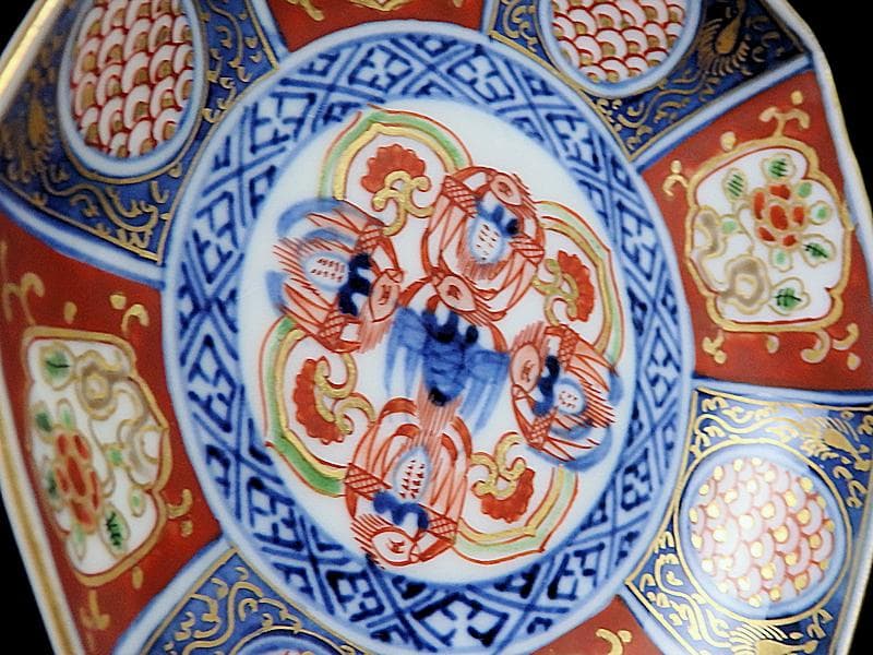 大聖寺伊万里 金襴手 描分 花に青海波八角4寸皿 4枚 C865AS-CEr