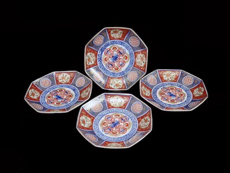 大聖寺伊万里 金襴手 描分 花に青海波八角4寸皿 4枚 C865AS-CEr